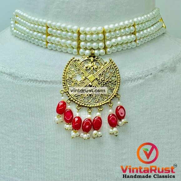 Pearls Jewelry Set, White Pearls Handmade Beaded Jewelry Set, Ethnic Choker - Picture 2 of 4